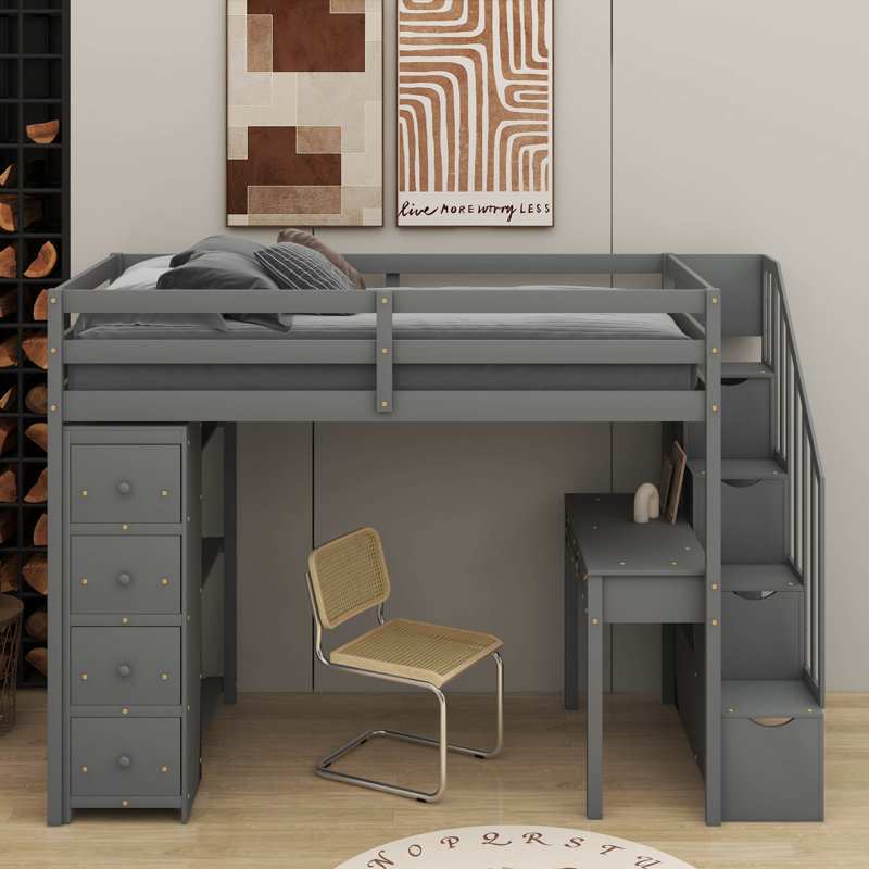 Twin Loft Bed With Drawers,Desk And Stairs, Gray