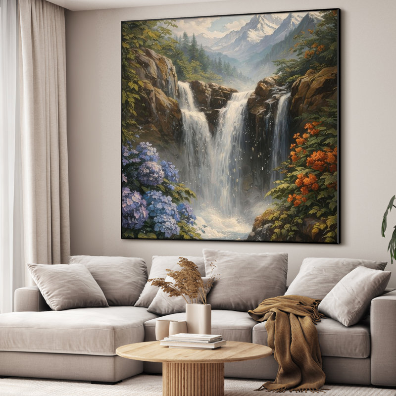 Très grand imprimé sur toile - Cascade majestueuse avec forêt luxuriante et fleurs sauvages pour le salon - «Assemblage requis du cadre (cadre non fini)»