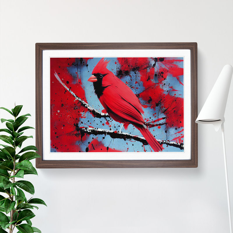 Cardinal Bird Splash Vol.2 Abstract - Single Picture Frame Painting, 25cm H x 34cm W x 2cm D, Walnut Framed