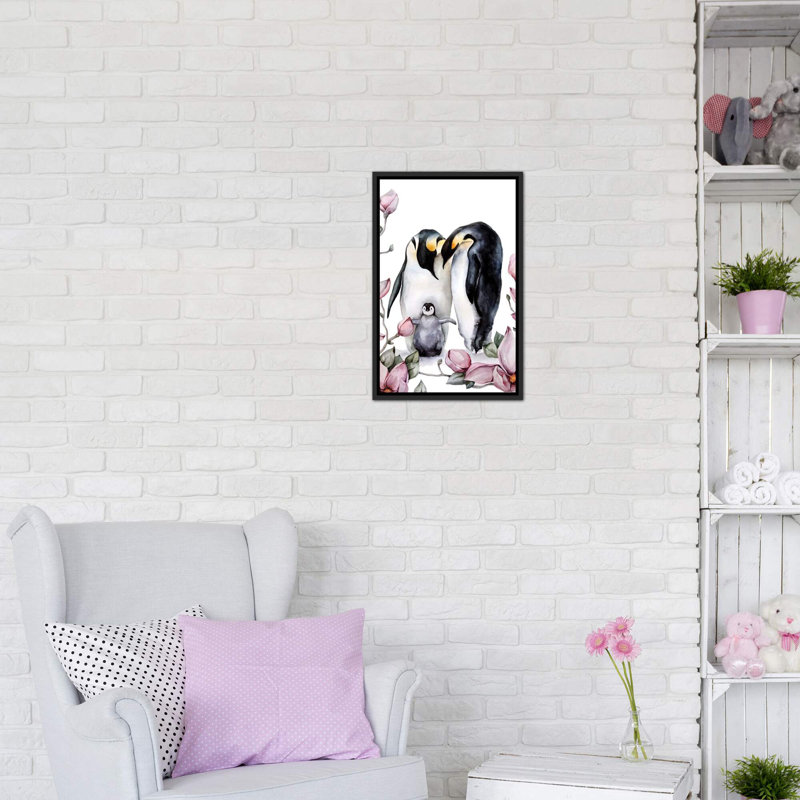 Décoration murale pingouins pour enfants, H 26 po x l 18 po x 1,5 po, Toile encadrée noir délavé