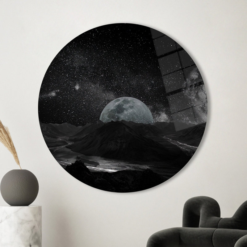 «Starry Night Sky Landscape», art mural en verre avec une pleine lune pour une décoration intérieure unique