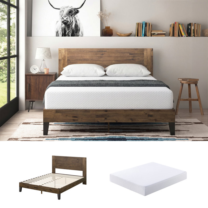 Matelas en mousse viscoélastique imprégnée de gel 10 po et lit plateforme en bois massif Marvelwood, Très grand lit