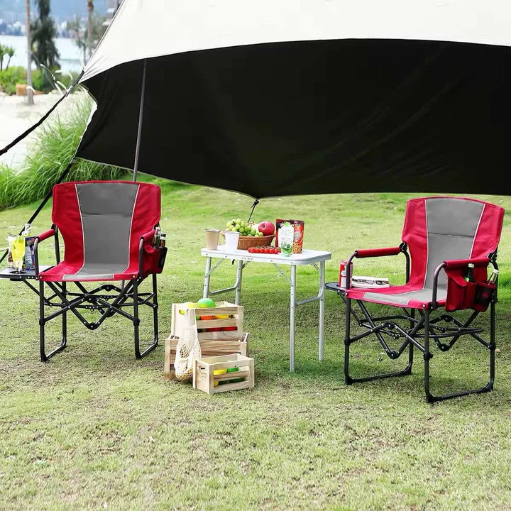 2PACK Heavy Duty Folding Camping Director Chair,Portable Outdoor Furniture with Side Table, Cup Holder & Storage Pocket,Supports Up to 330 lbs-Red