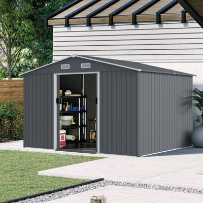 Remise de rangement extérieure de 8 pi x 10 pi, grande remise à outils en métal, maison de rangement robuste avec portes coulissantes avec évent pour la cour arrière de la pelouse afin de ranger les vélos, les outils et les tondeuses à gazon