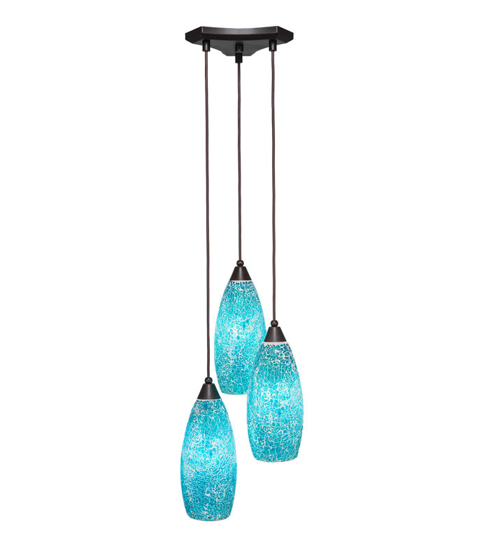 Luminaire suspendu en grappe 3 lumières Europa au fini nickel brossé avec verre fusion rouge de 5,5 po, Turquoise