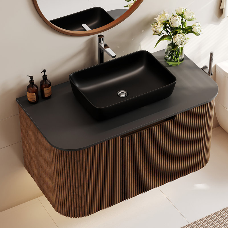 36" Mid Century Bathroom Vanity with Black Sink,Wall-Mounted Solid Wood Bathroom Vanity with Engineered Stone Top,Two Drawers