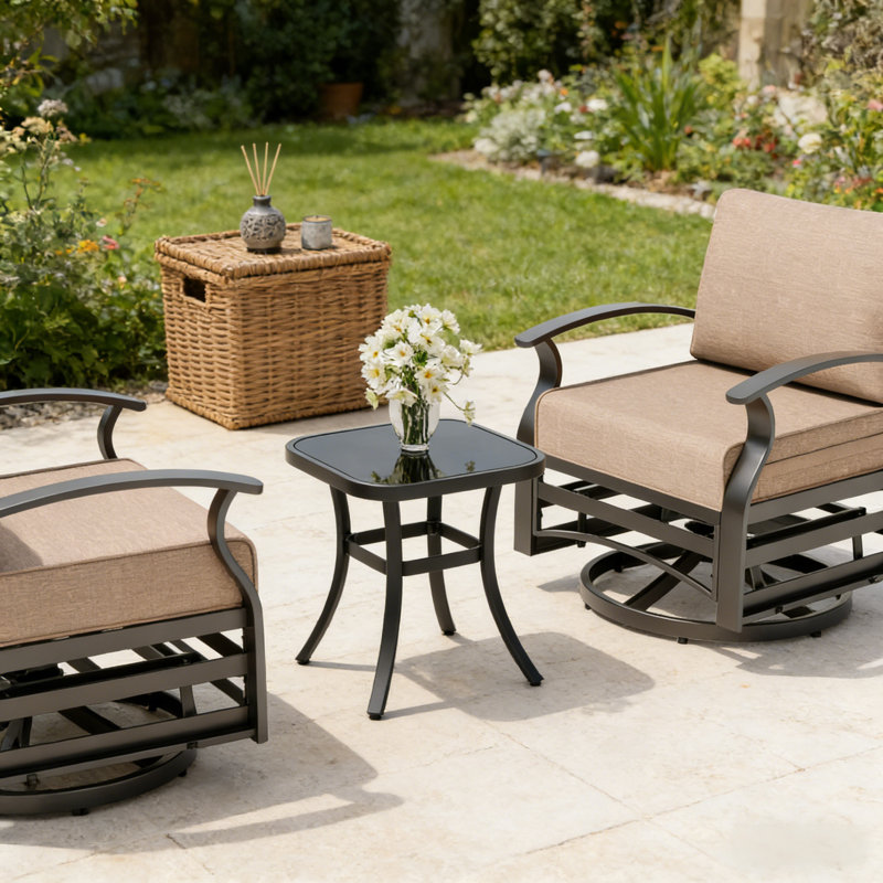 3-Piece Outdoor Swivel Glider Chair Set With Side Table, 28.5" Wide All-Aluminum Frame Patio Furniture With Water-Resistant Cushions, 360° Swivel & Gentle Gliding