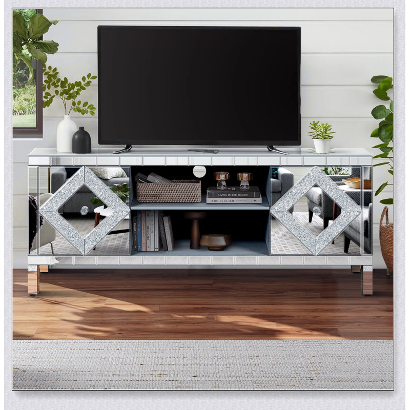 Mirrored TV Stand Mirror Doors with Open Storage
