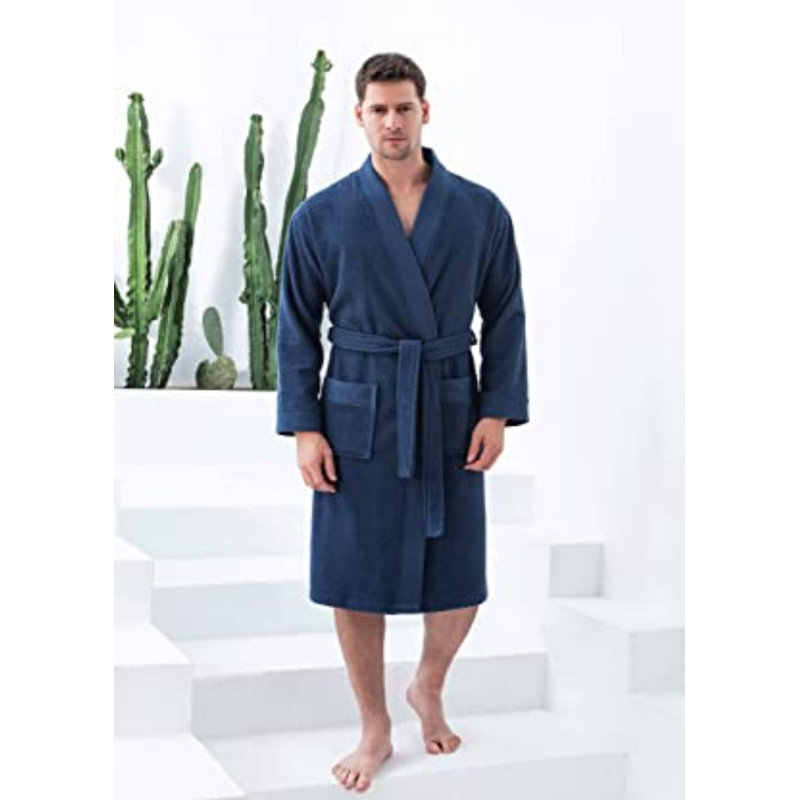 Peignoir turc en coton pour hommes, peignoir kimono en ratine, long texturé, garniture en tissage de riz - kimono, S, Marine
