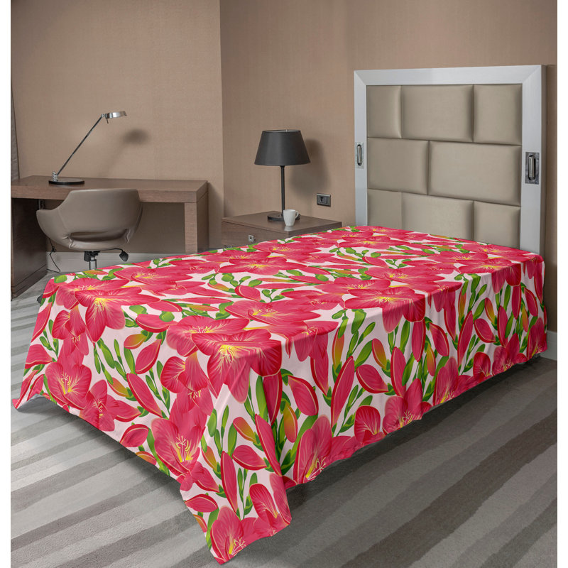 Drap de jardin Ambesonne, fleurs de freesia, corail foncé et vert lime, Drap plat simple
