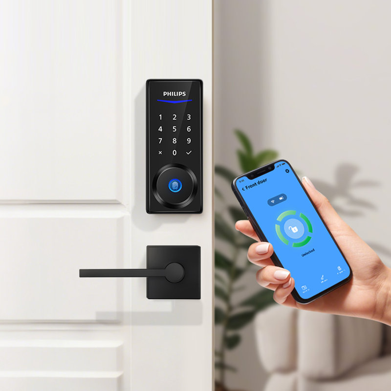 Serrure à pêne dormant intelligent Philips Wi-Fi avec plusieurs méthodes d'accès, y compris lecteur d'empreintes digitales avec levier