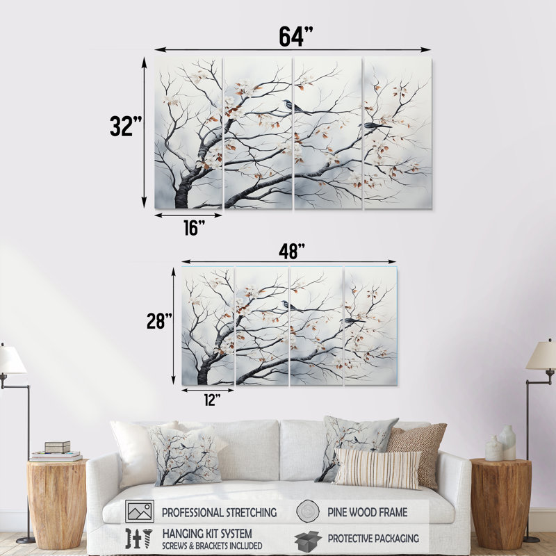 «Grey Floral Sprintime Tree Birds III», art mural sur toile 4 pièces, H 32 po x l 64 po