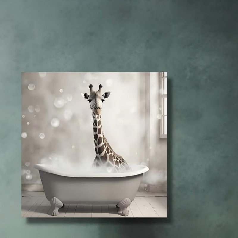 Mignonne girafe dans une baignoire, art mural sur toile sans cadre 16 po x 16 po