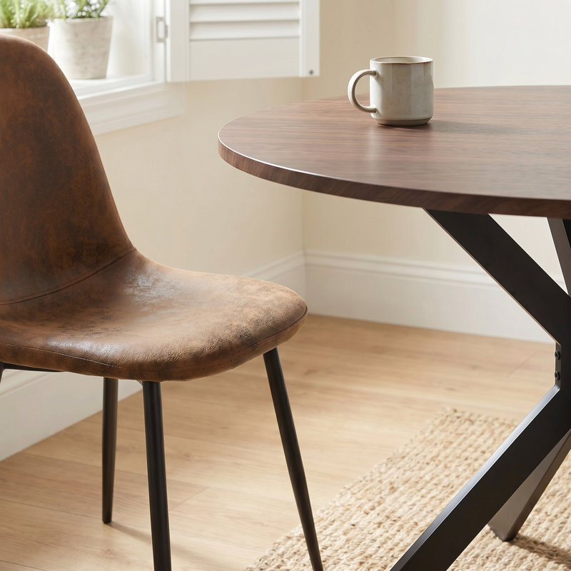 Cann 47.2" Wood Grain Round Dining Table With 4 Brown Fabric Upholstered Chairs Dining Set For Modern Kitchens, Dining Room, Living Room