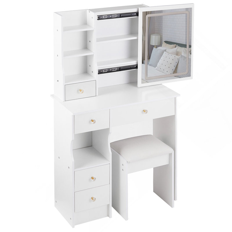 Petite coiffeuse 29,2 po avec tiroir à gauche et tabouret rembourré, Blanc