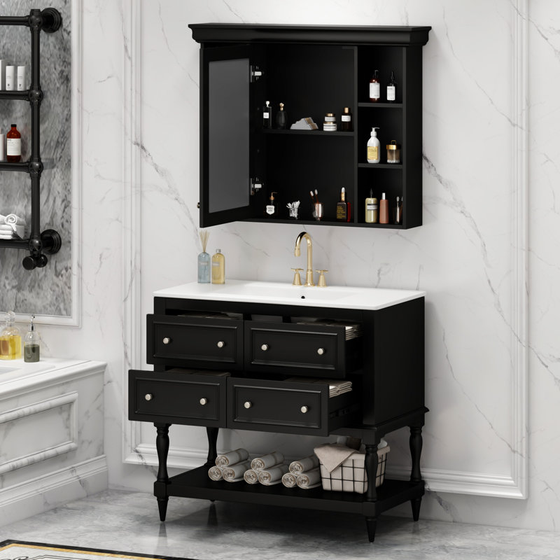 36'' Bathroom Vanity With Medicine Cabinet, Noir, noir, noir, noir