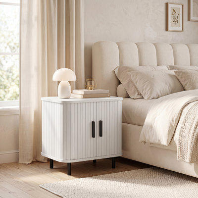 HOMCOM Nightstand with Sliding Doors and Metal Legs White Wood Effect