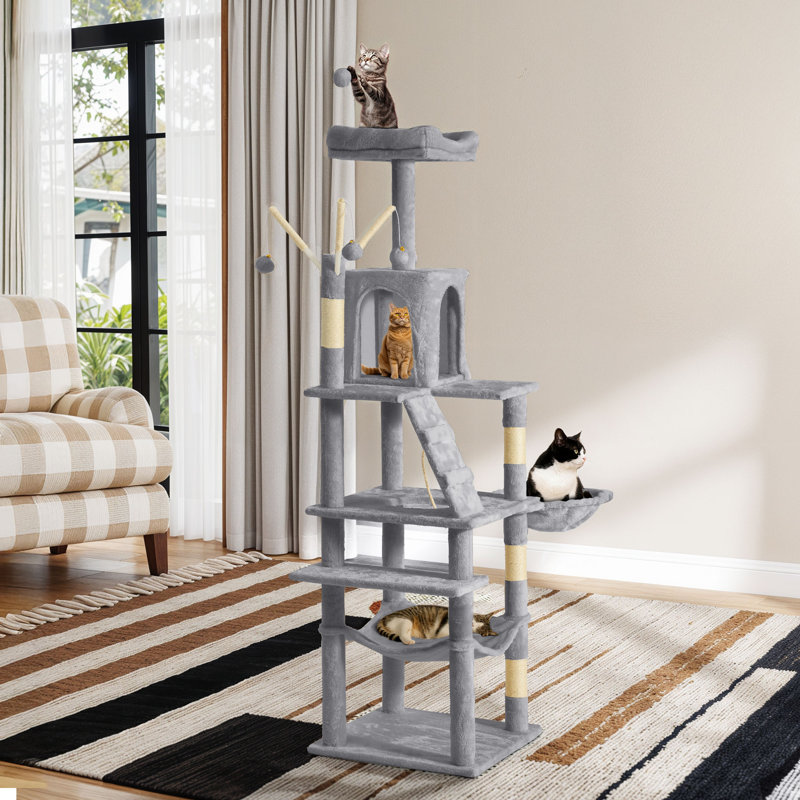 Arbre à chat multi-niveaux avec hamacs et poteaux à griffer, Gris clair
