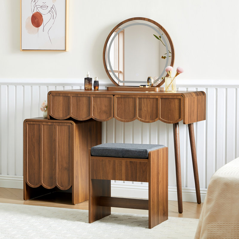 Makeup Vanity Set With Stool And Led Mirror, Walnut