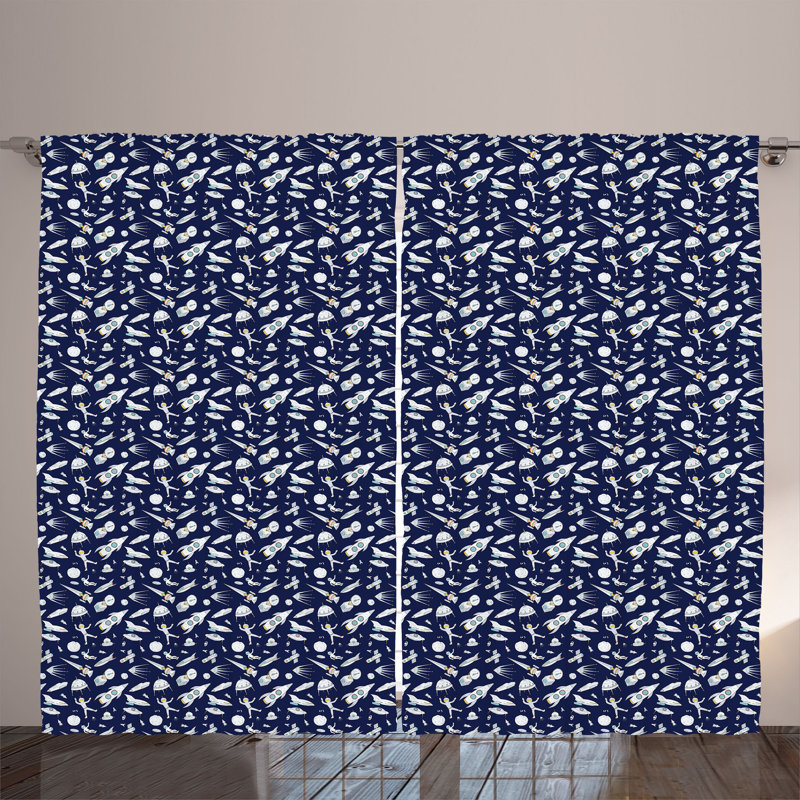 Rustic curtain, children's cosmic adventure, indigo white