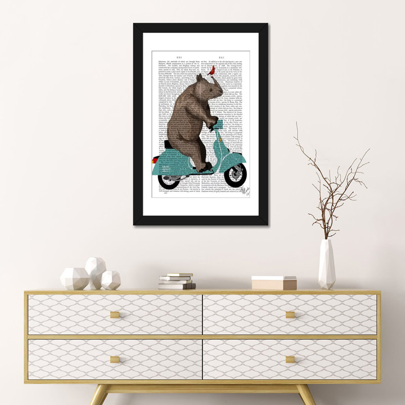 « rhino on cyclomoteur », impression sur toile tendue, H 24 po x l 16 po x P 1 po, Papier avec cadre noir, Blanc