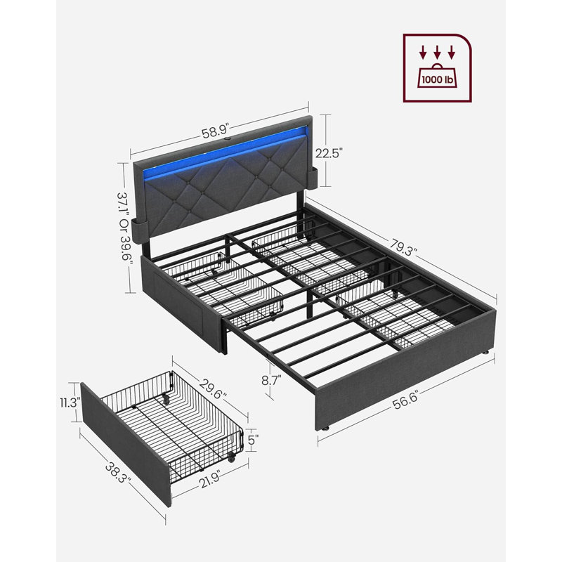 LED Bed Frame Full Size, 37.1/39.6 Inches, with Headboard and 4 Drawers, 1 USB Port and 1 Type C Port, Adjustable Upholstered Headboard, No Box Spring Needed, Dark Gray