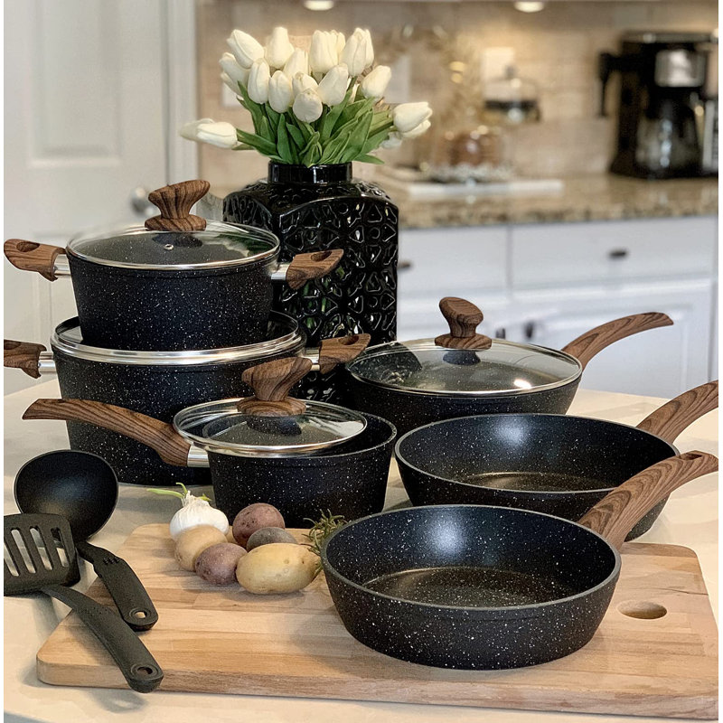 Granite Black 12-Piece Nonstick Induction Cookware Set with Wood Handles