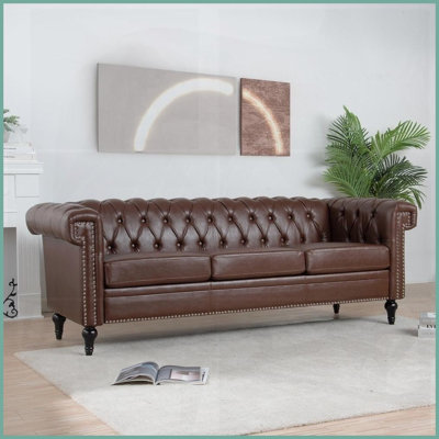 Traditional 3-Seater PU Leather Sofa with Removable Cushions - 83.7" Wide for Living Room Comfort &amp; Easy Cleaning