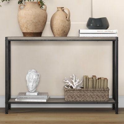 Console mince, tablette de rangement à 2 niveaux, canapé d'appoint moderne avec métal et bois, assemblage facile, parfait pour le vestibule, le salon, la chambre à coucher, le bureau ou le couloir, gris