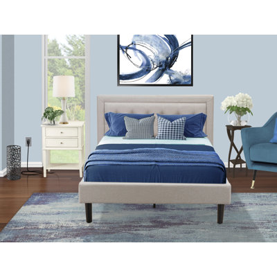 Ensemble de lit plateforme 2 pièces avec 1 lit double et une table de bout pour la chambre à coucher - Fabrication fiable et durable - Tissu en lin beige brume