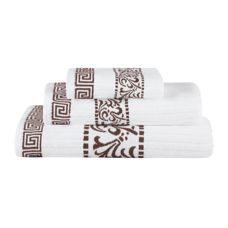 Jiro Athens 100% Cotton Medium Weight Floral Border Assorted Towel Set, White/Chocolate