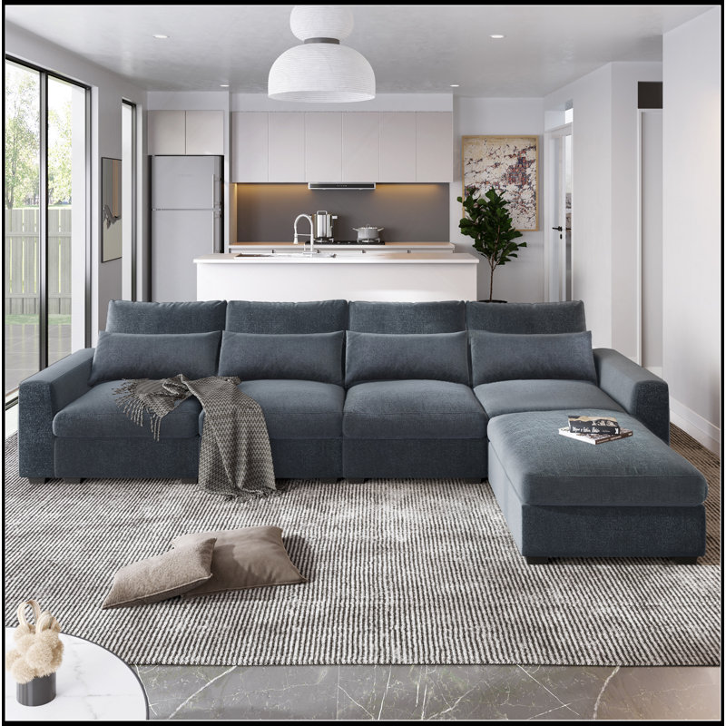 Grand canapé modulaire rembourré en plumes en L moderne, canapé convertible avec méridienne réversible pour le salon