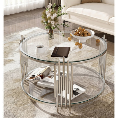 Ensemble de 3 tables basses en verre de 3 pièces, table basse ronde transparente de 31,5 po et table de bout de 19,69 po pour le salon, ensembles de tables de salon modernes à 2 niveaux avec tablette de rangement et structure en acier inoxydable pour le bureau personnel