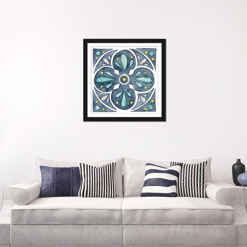 «Garden Getaway Tile VI Blue» par Laura Marshall - Impression sur toile tendue sur châssis, Papier beaux-arts encadré noir