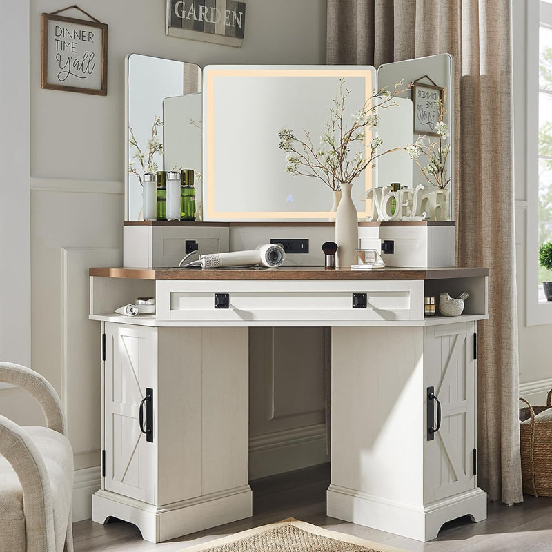 Meuble-lavabo de coin 48 po avec miroir DEL à 3 côtés et station de charge intégrée, Blanc