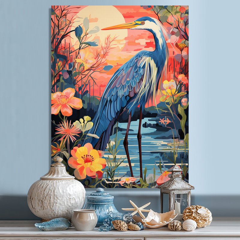 Héron bleu rétro fleur Illustration - héron, art mural, salon, Toile tendue, H 32 po x l 16 po