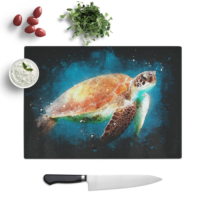 Tempered Glass Sea Turtle in the Blue Ocean Chopping Board, 28.5 cm x 39 cm