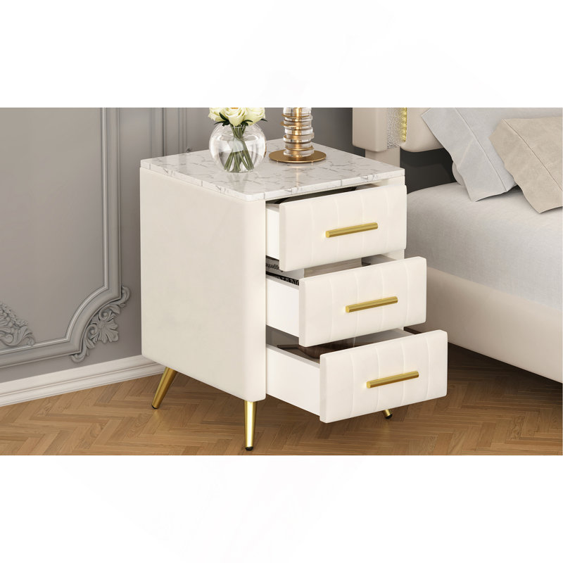 Upholstered Wooden Nightstand With 3 Drawers And Metal Legs&Handles, Bedside Table With Marbling Stickers Worktop - Beige