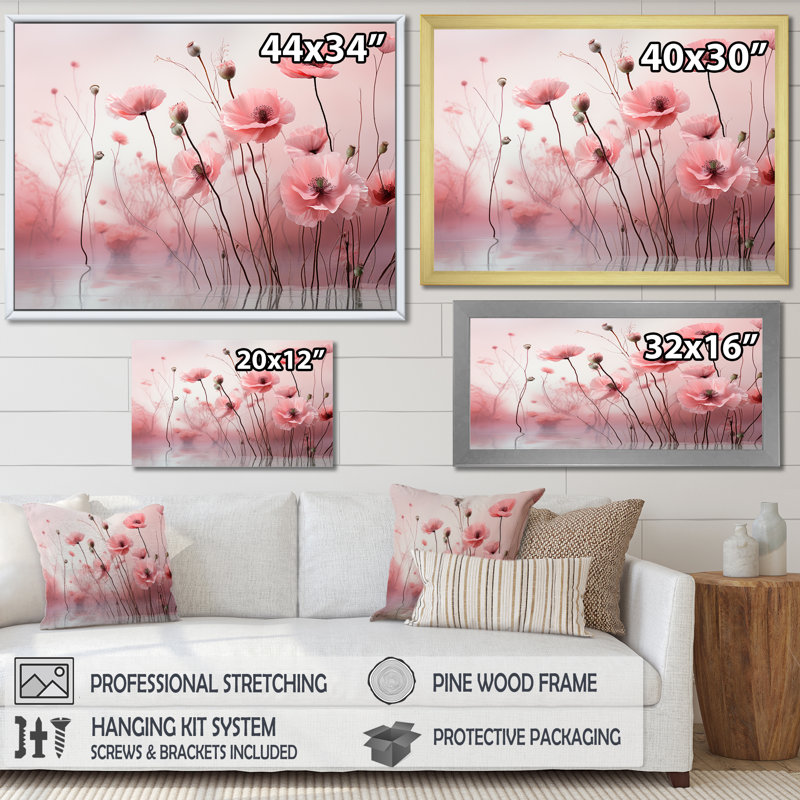 Aube rose, rosé, réveil des coquelicots - Art mural coquelicots, Cadre d'angle fermé noir, H 30 po x l 40 po x P 1,5 po