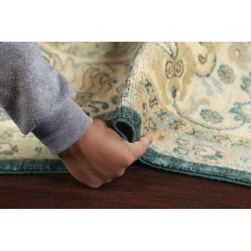 Tapis vert en laine noué à la main de conception unique 6 pi 7 po x 9 pi 0 po Sevro