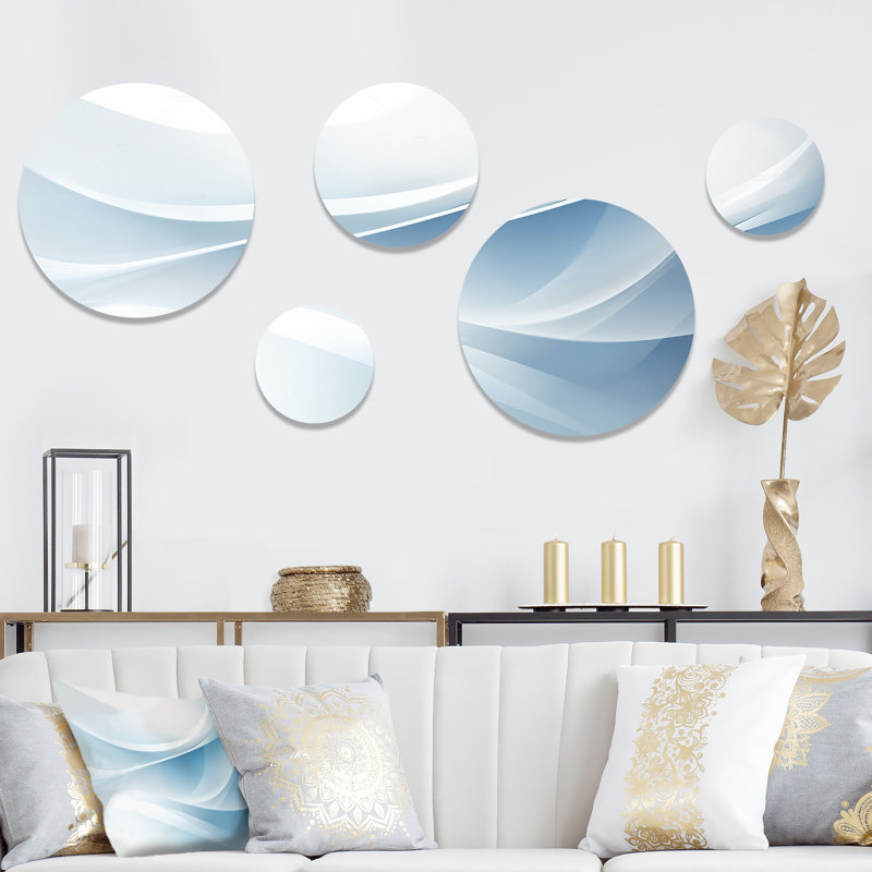 Bleu et blanc abstrait fractal Fusion IV - ensemble d'art mural rond fractal de 5