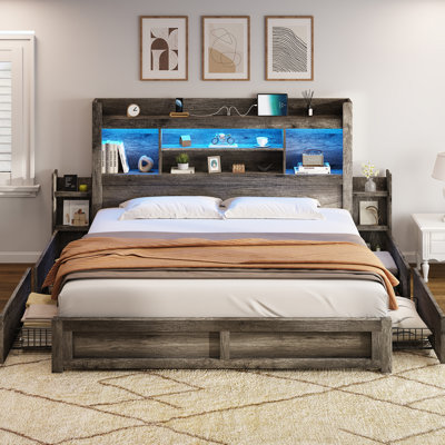 Structure de lit grand Sherell avec 4 tiroirs de rangement, gris