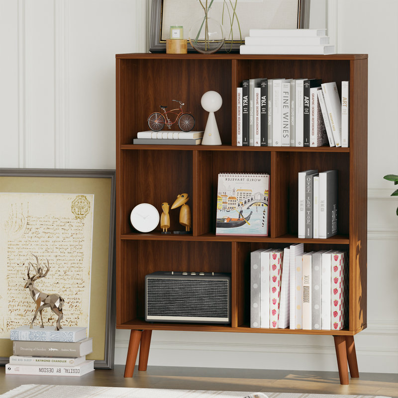 Jaen Solid and Manufactured Wood Cube Bookcase, Columbia Walnut, (7 Shelves) 42.5" H x 31.5" W x 9.4" D  