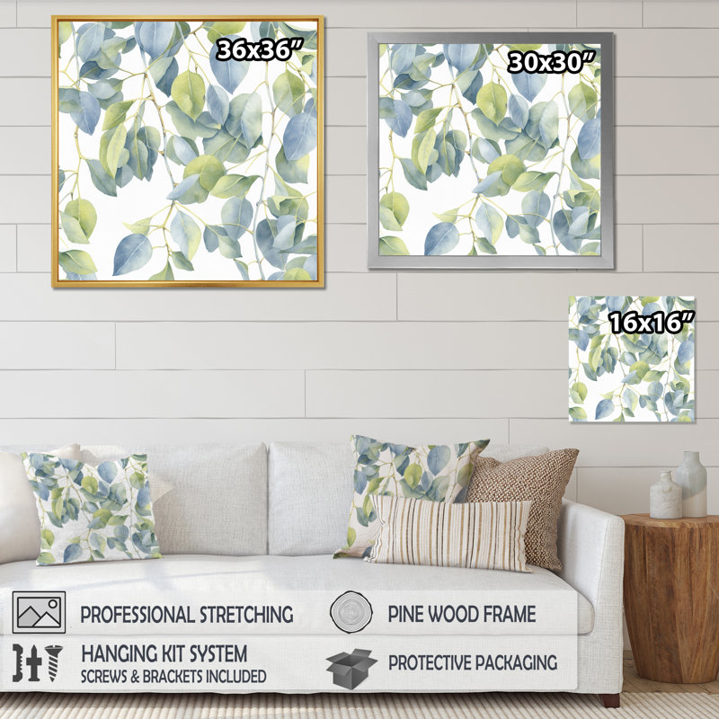 «White Green Minimalisme Eucalyptus Essence II», reproduction sur toile, H 16 po x l 16 po x P 1 po, Encadrement doré
