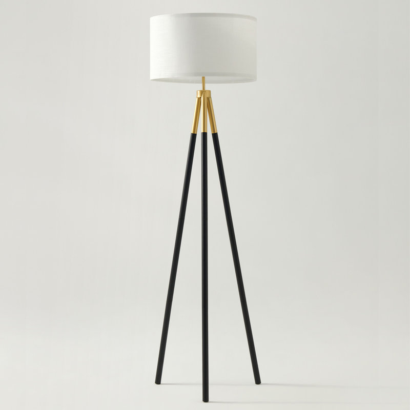Levi 61 in. Mid-Century Modern LED Energy-Efficient Floor Lamp with Fabric Drum Shade and Metallic Brass Finish