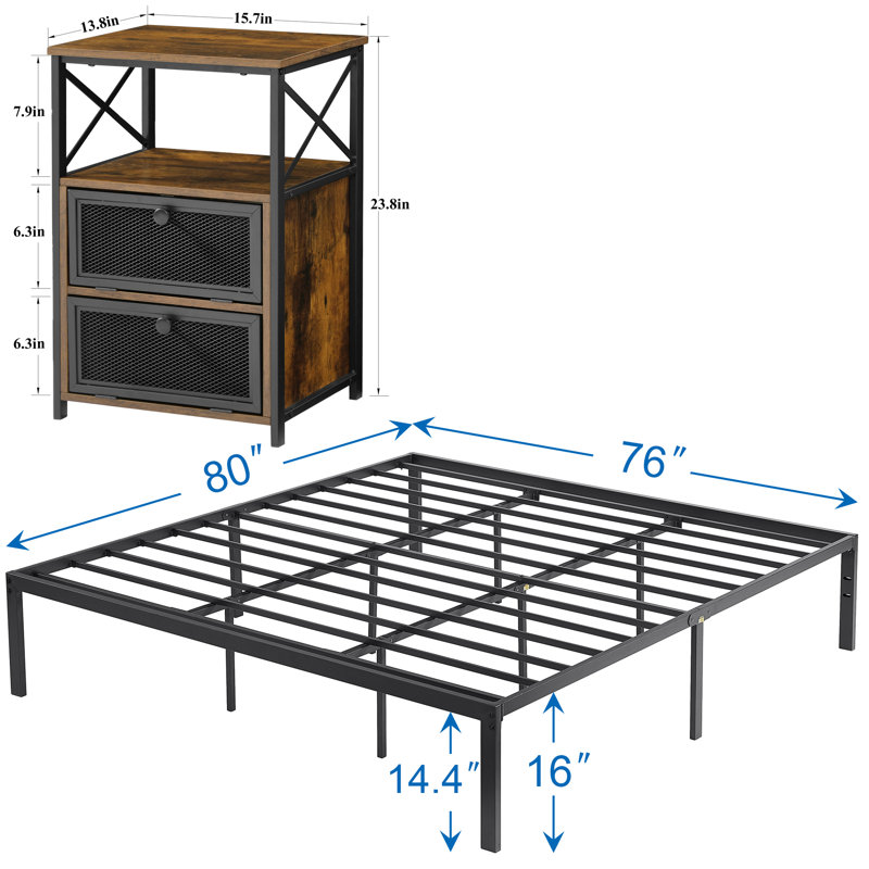 Ensemble de chambre avec lit plateforme et table de chevet en métal 3 pièces Blinni, Brun, Très grand