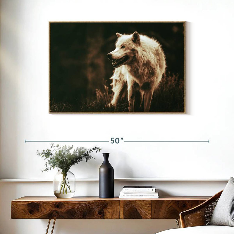 Loup Alpha qui grogne, Cadre flottant en bois naturel, 37 po x 25 po