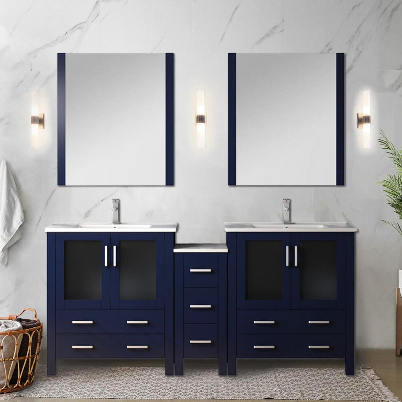 Bleu marine 72 po Large meuble-lavabo double avec armoire latérale, comptoir en céramique blanche, structure en bois massif, tiroirs à fermeture en douceur, deux espaces de rangement intérieurs, sept tiroirs pour un grand rangement,