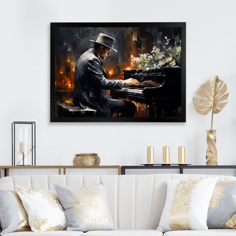 Floral Floral Jazz Room Elegance II - art mural piano, Cadre d'angle fermé noir, H 32 po x l 24 po x P 1 po