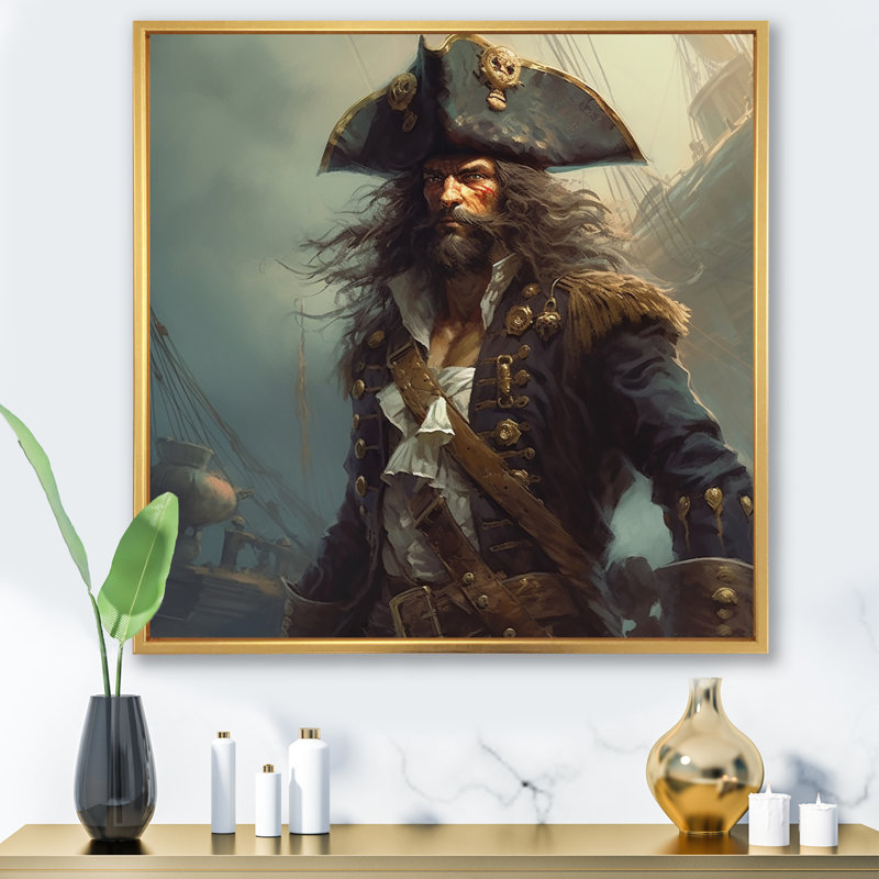 Daring Pirate Portrait II - Pirate Wall Art Living Room, Cadre flottant doré, H 36 po x l 36 po x P 1,5 po